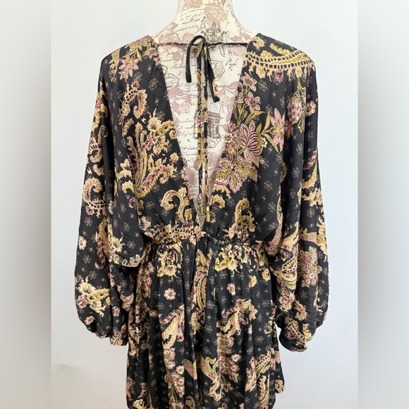 FREE PEOPLE Black and tan print ARZEL double V neckline mini dress size M - Picture 13 of 15